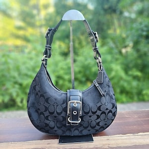 COACH Authentic Black Signature Hobo Buckle Bag, Shoulder Bag H3J