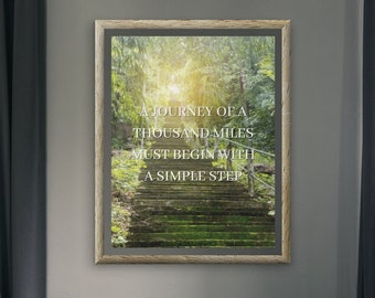 Motivational Forest Poster | 'A Journey of a Thousand Miles' Quote | Stone Steps and Sunlight | Inspirational Wall Art Print