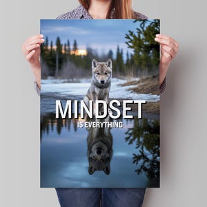 May include: A poster featuring a wolf cub sitting in water with its reflection. The text "MINDSET IS EVERYTHING" is displayed in white block letters. The background shows a snowy landscape with trees and a cloudy sky.