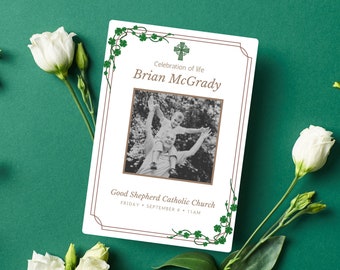 Programa funerario católico, plantilla de programa funerario irlandés, plantilla de celebración de la vida, servicio conmemorativo irlandés con tréboles
