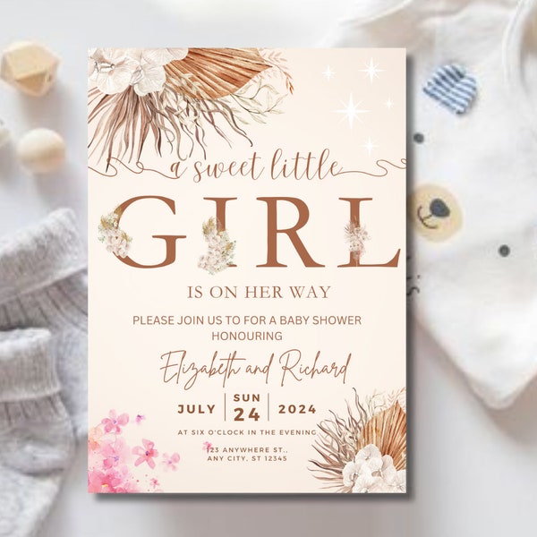 Douce petite fille sur son chemin, Invitation à la douche babay aquarelle, petite fête humaine, Co Ed Baby Shower, Bouteilles et bières, Douche en terre cuite