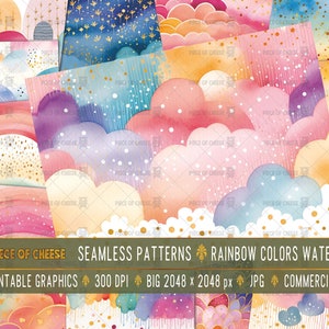 Seamless Rainbow Color Watercolor Patterns| 300dpi | 24 printable separate JPG files | instant download | commercial use | 17x17 cm BIG &gt;7&quot;