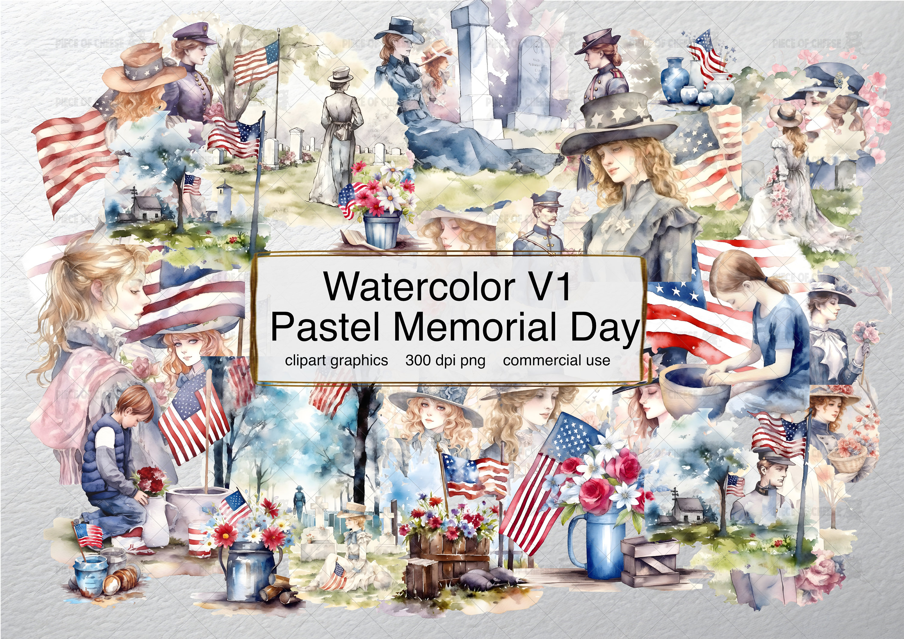 Watercolor Memorial Day Pastel Clipart USA | Seperated Digital Png ...
