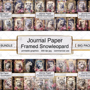 Könnte beinhalten: Ein digitales Papierpaket mit 12 druckbaren Journalseiten mit gerahmten Bildern von Schneeleoparden. Die Bilder sind in verschiedenen Aquarell-Stilen gehalten, darunter helle und dunkle Aquarelle. Der Text "Journal Paper Framed Snowleopard" ist oben im Bild zu sehen. Der Text "BIG PACK BUNDLE" ist unten im Bild zu sehen.