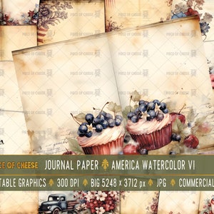 Può includere: Un set di sei carte digitali con illustrazioni ad acquerello in stile vintage di cupcake con mirtilli e ciliegie, insieme a motivi floreali e patriottici. Le carte sono perfette per lo scrapbooking, la creazione di biglietti e altri progetti di artigianato.