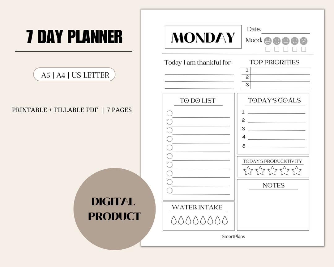 Printable 7 Day Daily Planner Printable Daily Planner - Etsy