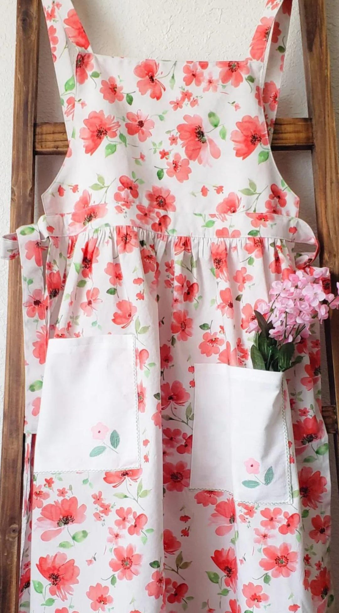 MIKI WELL Vintage Floral Apron For Women With Pockets - Cotton, Cross Back Straps - View #5