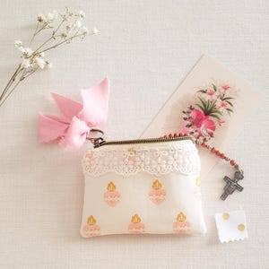 Immaculate Heart of Mary Keychain,  Key Fob Wristlet, Car Gift, Blush Wristlet, Quilted & Embroidered Rosary Bag, Mother's Day Gift