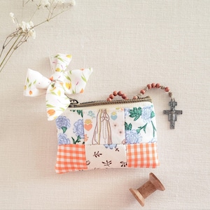 Our Lady of Fatima Keyfob, Catholic Rosary Pouch, Catholic Keychain, Fatima Rosary Zipper Bag, Catholic gift, New Car Gift, Patchwork Bag