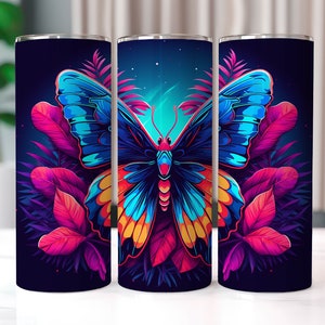 Colorful Butterfly with Flowers 20 oz Skinny Tumbler Sublimation Designs, Straight And Tapered Tumbler Wrap, Tumbler PNG