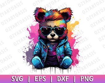 Cool Teddy Bear in Streetwear and Sunglasses SVG PNG, Hip Hop SVG, Urban Graffiti Clipart, Teddy Bear Sublimation, Commercial Use
