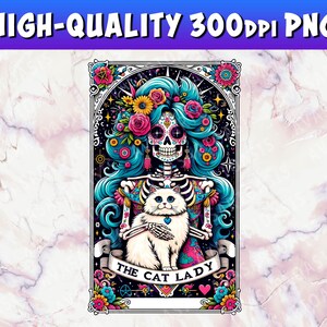 Carte de tarot PNG la dame chat, carte de tarot squelette, carte de tarot drôle, tarot tête de mort femme chat drôle amoureux des chats, T-shirt PNG drôle de chat