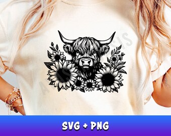 Highland Cow With Flowers Svg & Png, Cow Clipart, Highland Cow Vector ...