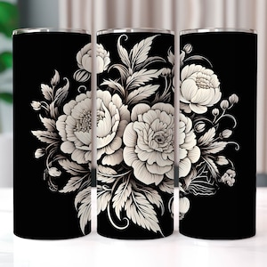Schwarz-Weiß-Rosenblume 20 Unzen Skinny Tumbler Sublimationsentwürfe, Blumenbecher PNG, gerade und konische Becherverpackung, Sublimation PNG