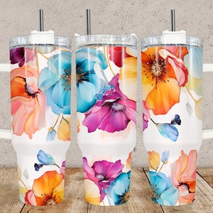 Colorful Flowers in Alcohol Ink 40oz Quencher Tumbler Wrap, Tumbler Sublimation Designs, 40oz Tumbler Wrap, Floral Tumbler PNG, Flower PNG