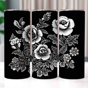 Schwarzweiss-Blumen 20 Unze Skinny Tumbler Sublimationsentwürfe, Blumenbecher PNG, gerade und konische Becherverpackung, Sublimation PNG