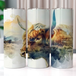 Doppelbelichtung Highland Kuh Tumbler Wrap, 20 Unzen Tumbler Sublimationsentwürfe, Country Tumbler Wrap, Western Tumbler, Country Western