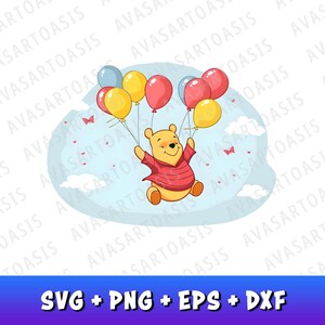 Winnie The Pooh SVG with Balloons, Winnie The Pooh Clipart, Classic Winnie, Winnie The Pooh Sublimation, Commercial Use, PNG Clipart