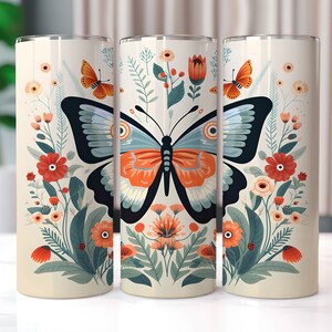 Blue Butterfly with Red Flowers 20 oz Skinny Tumbler Sublimation Design, Straight and Tapered Tumbler Wrap, Tumbler PNG, Butterfly Tumbler