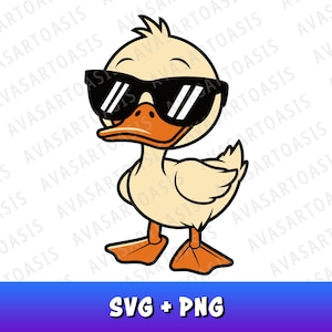クールなサングラスをかけたかわいいアヒルのSVG、PNG漫画鳥クリップアート、アヒル昇華デザイン、ベクターアート、面白い鳥、アヒルクリップアート、SVGアヒル