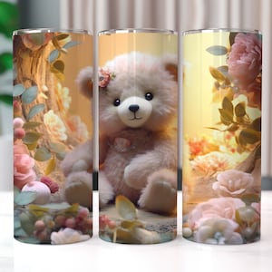 White Teddy Bear & Flowers 20 oz Skinny Tumbler Sublimation Designs, Straight And Tapered Tumbler Wrap, Tumbler PNG, Teddy Bear Tumbler Wrap