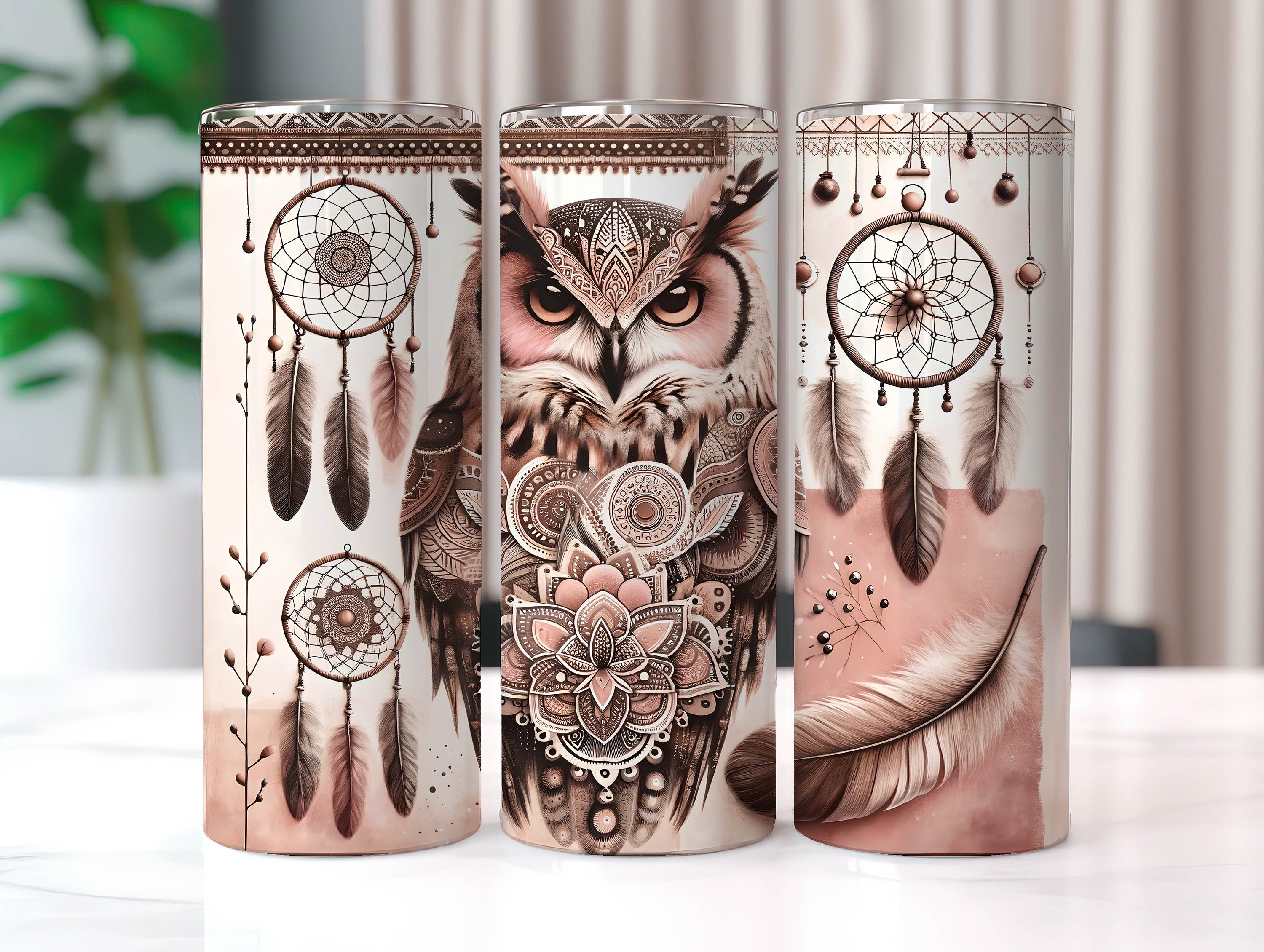 Pink Boho Owl Tumbler Wrap with Dream Catcher, 20 oz Tumbler Sublimation Designs, Country Tumbler Wr
