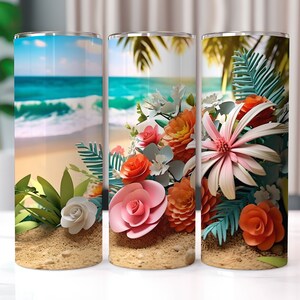 3D Beach with Flowers 20 oz Skinny Tumbler Sublimation Designs, Straight And Tapered Tumbler Wrap, Tumbler PNG, Beach Tumbler Wrap