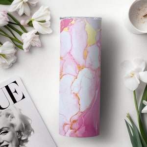 Pink and White Marble 20 oz Skinny Tumbler Sublimation Designs, Straight And Tapered Tumbler Wrap, Tumbler PNG, Marble Tumbler, Pink Tumbler image 2