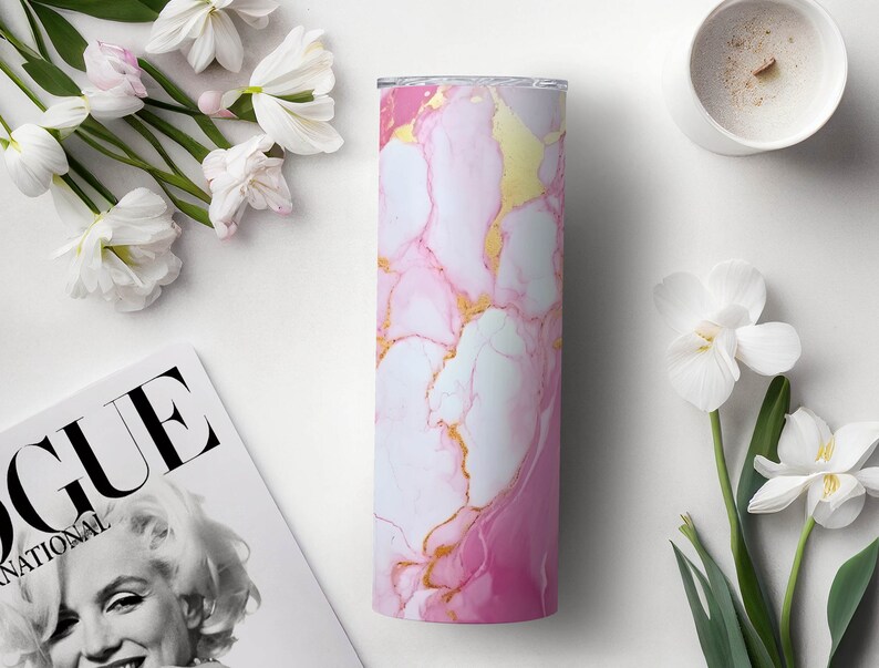 Pink and White Marble 20 oz Skinny Tumbler Sublimation Designs, Straight And Tapered Tumbler Wrap, Tumbler PNG, Marble Tumbler, Pink Tumbler image 2
