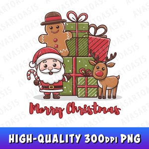 Cute Merry Christmas PNG with Santa Gingerbread Man. and Reindeer, Sublimation Design, Instant Digital Download