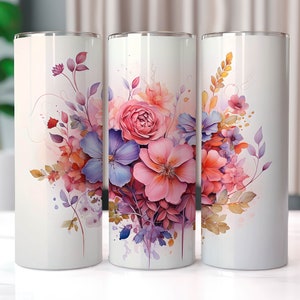 Pretty Watercolor Flowers 20 oz Skinny Tumbler Sublimation Designs, Straight And Tapered Tumbler Wrap, Tumbler PNG, Flower Tumbler Wrap