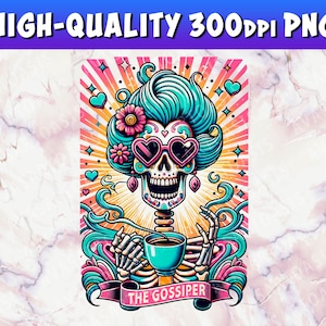 Die Klatsch-Tarot-Karte PNG, Lateinische Skelett-Tarot-Karte, Lustige Tarot-Karte, La Chismosa, Spanische Chola Catrina-Schädel-T-Shirt Becher PNG