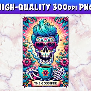 Die Klatsch-Tarot-Karte PNG, Skelett-lustige Tarot-Karte, La Chismosa, spanisches Latein-Skelett Chola Catrina Schädel-T-Shirt Becher PNG