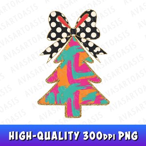 Gold Glitter Christmas Tree PNG with Coquette Bow & Dalmatian Dots, Sublimation Designs for Christmas Shirt