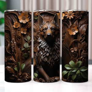 Belgian Malinois Tumbler Wrap in 3D Wood Carving with Flowers, 20 oz Tumbler Sublimation Designs, Dog Tumbler Wrap, Tumbler PNG