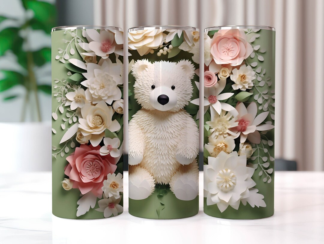 White 3D Teddy Bear 20 Oz Skinny Tumbler Sublimation Designs, Straight ...