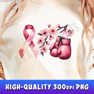 Breast Cancer Ribbon with Boxing Gloves and Pink Flower PNG Sublimation Design, Breast Cancer PNG, Cancer Awareness png, Sublimate Designs