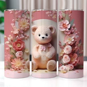 3D Teddy Bear with Flowers 20 oz Skinny Tumbler Sublimation Designs, Straight And Tapered Tumbler Wrap, Tumbler PNG, Teddy Bear Tumbler Wrap