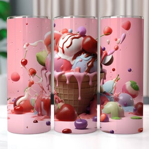 3D Ice Cream with Toppings 20 oz Skinny Tumbler Sublimation Designs, Straight And Tapered Tumbler Wrap, Tumbler PNG, 3D Tumbler Wrap
