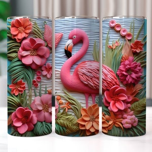 3D Flamingo with Flowers 20 oz Skinny Tumbler Sublimation Designs, Straight And Tapered Tumbler Wrap, Tumbler PNG, Flamingo Tumbler Wrap