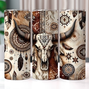 Boho Cow Skull Tumbler Wrap, 20 oz Tumbler Sublimation Designs, Country Tumbler Wrap, Western Tumbler, Cowhide PNG, Country Girl Tumbler