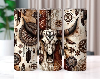 Boho Cow Skull Tumbler Wrap, 20 oz Tumbler Sublimation Designs, Country Tumbler Wrap, Western Tumbler, Cowhide PNG, Country Girl Tumbler