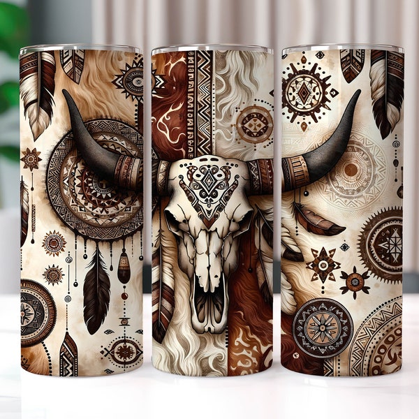 Boho Cow Skull Tumbler Wrap, 20 oz Tumbler Sublimation Designs, Country Tumbler Wrap, Western Tumbler, Cowhide PNG, Country Girl Tumbler