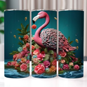 3D Flamingo with Flowers 20 oz Skinny Tumbler Sublimation Designs, Straight And Tapered Tumbler Wrap, Tumbler PNG, Flamingo Tumbler Wrap