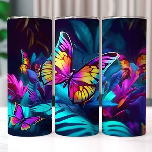 Neon Butterfly Flowers 20 oz Skinny Tumbler Sublimation Designs, Straight And Tapered Tumbler Wrap, Tumbler PNG, Butterfly Tumbler Wrap