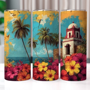 Puerto Rico Beach Tumbler Wrap with Flowers, 20 oz Tumbler Sublimation Designs, Puerto Rico PNG, Puerto Rico Tumbler Wrap, Beach PNG