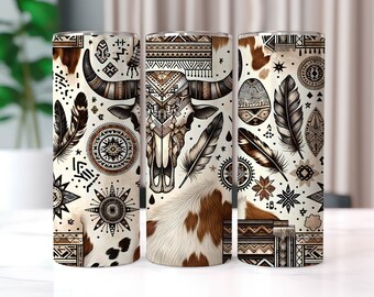 Boho Cow Skulls Western Tumbler Wrap, 20 oz Tumbler Sublimation Designs, Country Tumbler Wrap, Cowhide Tumbler, Country Girl Tumbler