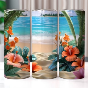Beach with Flowers in 3D 20 oz Skinny Tumbler Sublimation Designs, Straight And Tapered Tumbler Wrap, Tumbler PNG, Beach Tumbler Wrap