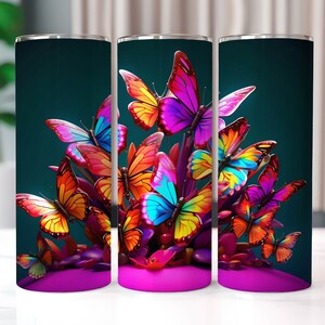 3D Colorful Butterflies with Flowers 20 oz Skinny Tumbler Sublimation Designs, Straight And Tapered Tumbler Wrap, Tumbler PNG, Butterfly PNG