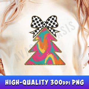 Colorful Gold Glitter Christmas Tree PNG with Coquette Bow, Dalmatian Dots Sublimation Designs, Christmas Shirt